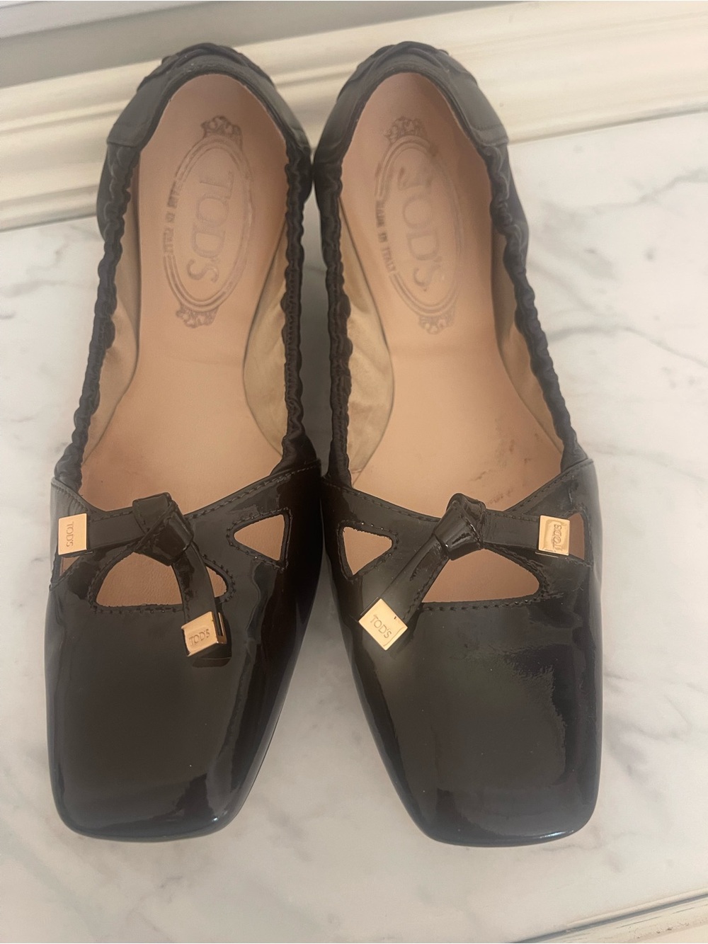 Tod's Black Patent Leather Bow Trim Ballet Flats
